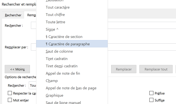 Recherches avancées Word sur caractères spéciaux et expressions régulières