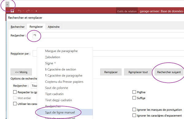 Rechercher actions saisies au clavier comme sauts de ligne avec les caractères spéciaux de recherche Word