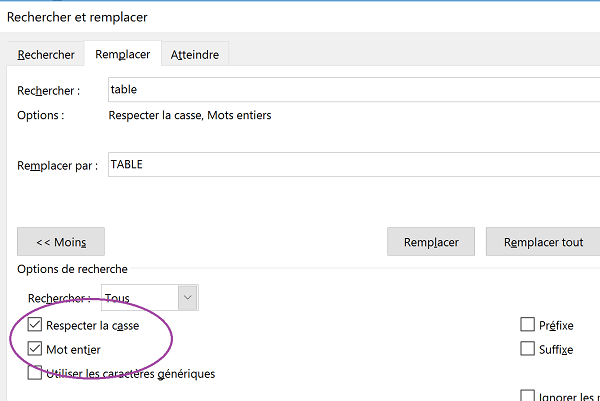 Rechercher et remplacer un mot entier dans Word selon les majuscules et minuscules