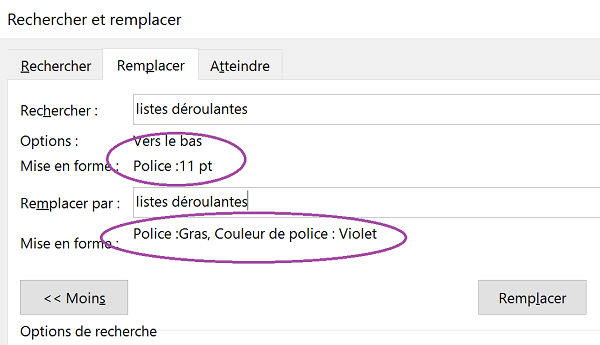 Remplacer des mots Word selon des attributs de mis en forme et de couleur spécifiques