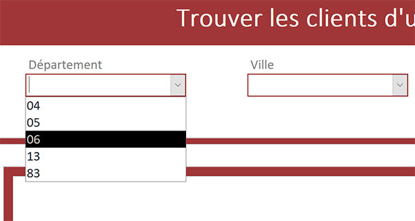 Liste déroulante de formulaire chargée des départements sans doublons grâce à une requête Access