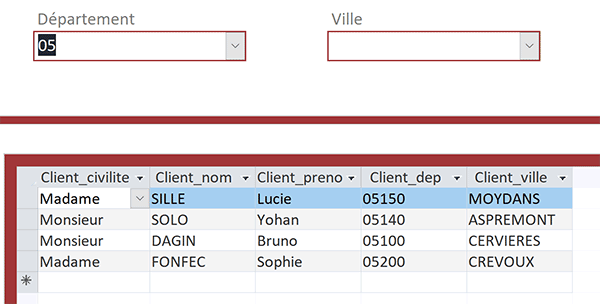 Extraire les clients dans un sous-formulaire selon un département choisi dans la liste déroulante du formulaire