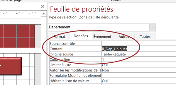 Charger le contenu de la liste déroulante par une requête dynamique depuis le formulaire Access en conception