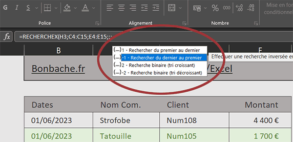 Mode de recherche inversée avec la fonction Excel RechercheX