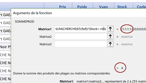 Formule matricielle Excel avec fonction SommeProd pour compter les enregistrements concordants avec les conditions recoupées