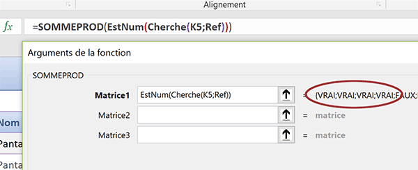 Assistant fonction SommeProd pour aider à construire formule matricielle Excel de recherche partielle