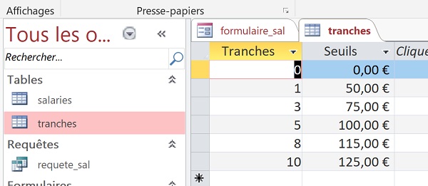 Table des valeurs numériques à lier au formulaire Access par recherche dynamique