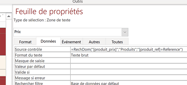 Syntaxe de la fonction Access RechDom pour extraire dynamiquement les données sur un formulaire