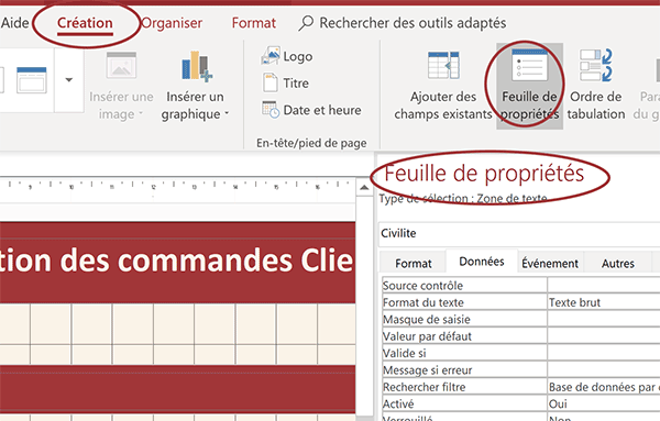 Feuille de propriétés pour régler les sources de contrôles dynamiques sur un formulaire Access