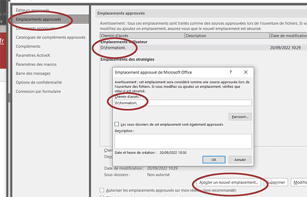 Définir les emplacements approuvés pour l-exécution des macros Access