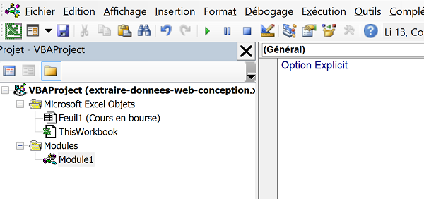 Module de code Visual Basic Excel pour créer fonctions interactives