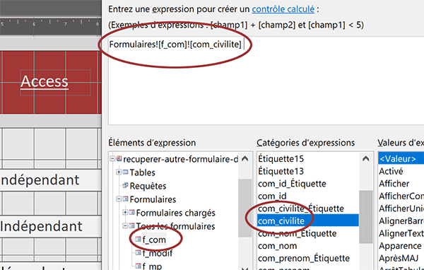 Expression de correspondance pour relier deux formulaires Access