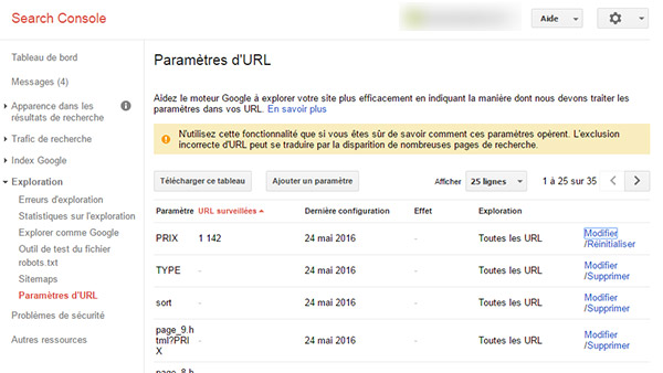 Paramètres Url Search Console, référencement