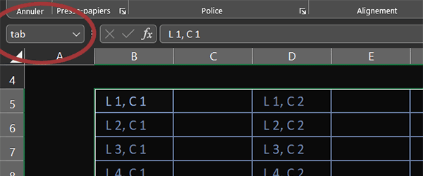 Nom du tableau Excel pour formule extraction