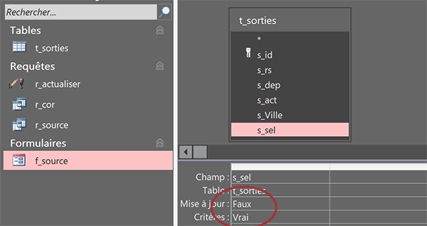 Requête mise à jour Access pour décocher les cases du formulaire dans la table source