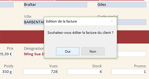 Message de macro sur formulaire Access pour éditer la facture du client