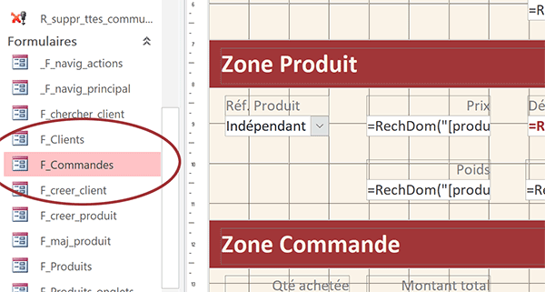 Formulaire Access pour construire et valider les commandes des clients