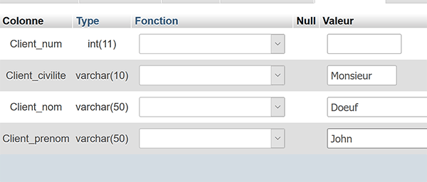 Création nouvel enregistrement client dans table MySql avec interface PhpMyAdmin