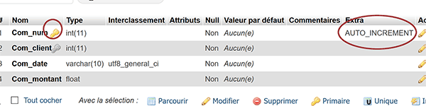 Mode conception de la table MySql des commandes avec clé primaire et champ auto-incrémenté