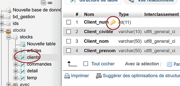 Structure de la table MySql des clients avec identifiants uniques