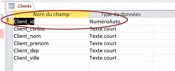 Paramétrage de table Access avec clé primaire, formats et masques de saisie