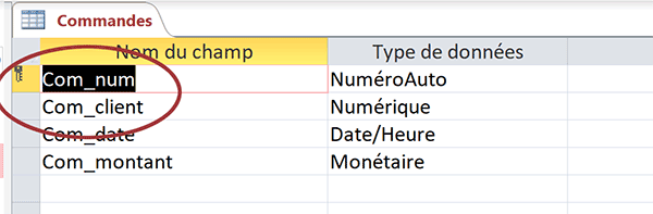 Clés primaire et étrangère dans la table Access des commandes des clients