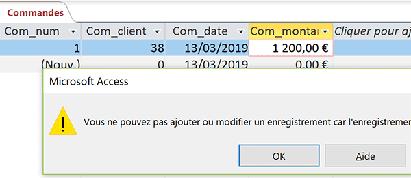 Création commande dépendante refusée par intégrité référentielle car numéro de client non trouvé