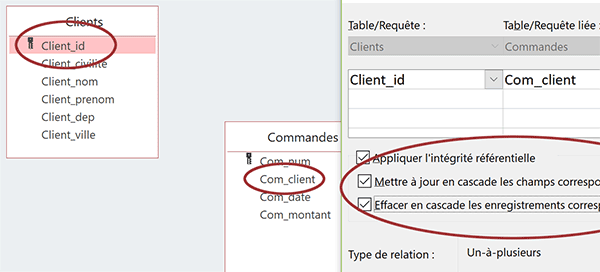 Relation entre deux tables Access par clés primaire et externe avec intégrité référentielle