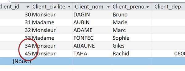 Ecart numéro auto-incrémenté dans table Access suite à création nouveau client