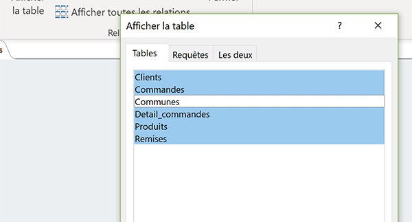 Sélectionner les tables Access pour établir les relations