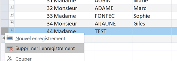 Supprimer un enregistrement de table Access