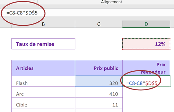 Figer la cellule du taux de remise dans le calcul Excel pour reproduire la formule