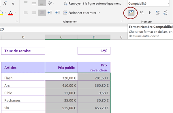 Devise monétaire pour formater les résultats de calculs Excel en Euro