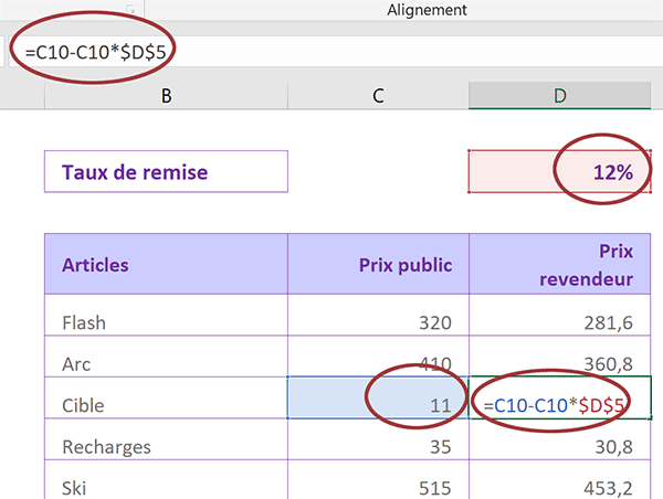 Formule Excel répliquée avec cellule du taux de remise figée par les références absolues