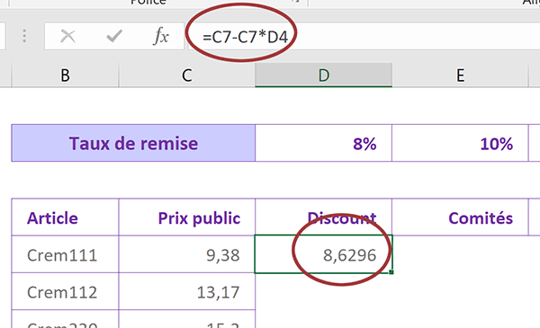 Calcul Excel du prix de vente avec remise selon taux en pourcentage