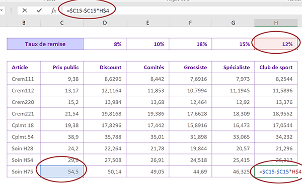 Calcul Excel du prix de vente remisé répliqué sur tout le tableau en figeant seulement une coordonnées des cellules