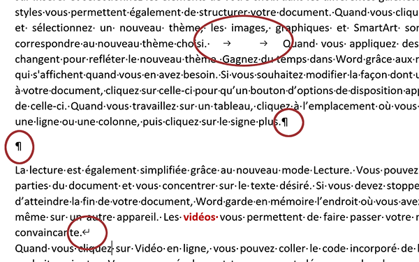Défauts de conception dans le document Word visibles grâce aux caractères masqués