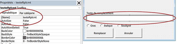 Noms des contrôles du formulaire VBA Word dans la fenêtre Propriétés