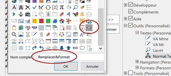 intitulé et icône graphique du bouton VBA Word dans ruban personnalisé