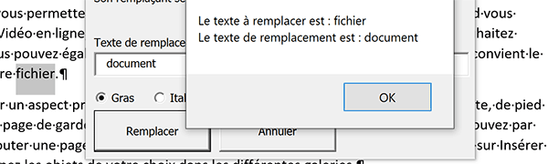 Afficher dans boîte de dialogue le texte à remplacer et le texte de remplacement sur formulaire VBA Word