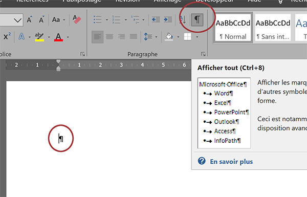 Afficher les caractères masqués dans un document Word pour visualiser les marques de paragraphes