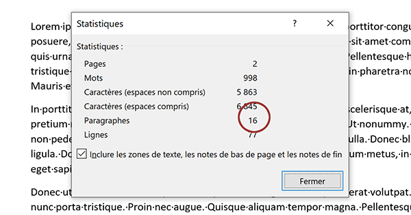 Statistiques du document Word pour connaître notamment le nombre de caractères dans toutes les pages