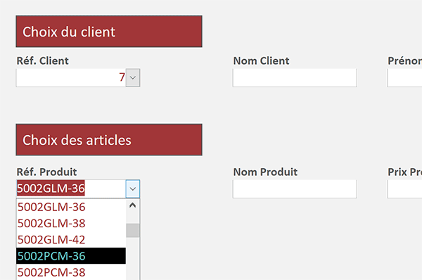 Références articles et identifiants clients chargés dans les deux listes déroulantes du formulaire Access