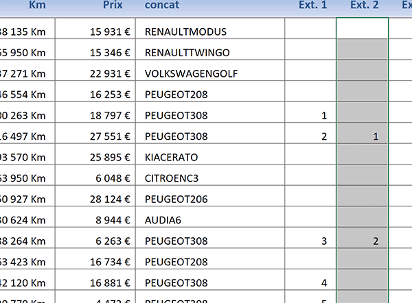 Repérer les enregistrements correspondants dans la base de données Excel par des calculs de numéros incrémentés en cascade