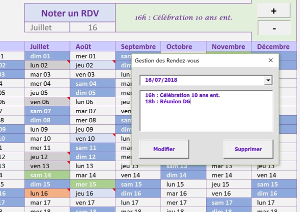 Application Excel pour gérer les rendez-vous et tâches planifiées dans un calendrier annuel