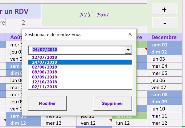 Interface graphique VBA de gestion des rendez-vous et tâches dans un calendrier automatique Excel