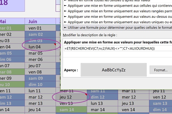 Repérer automatiquement dates de rendez-vous passés dans calendrier Excel par mise en forme conditionnelle