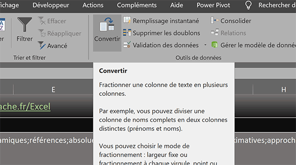 Bouton Excel pour convertir et fractionner un texte sur des séparateurs