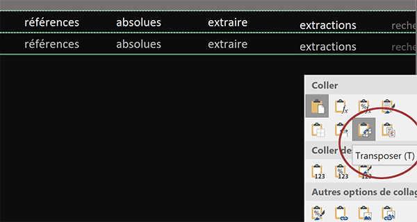 Options de collage avec balise active Excel pour transposer les cellules copiées