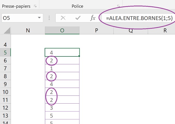 Répétitions de nombres aléatoires par calcul Excel